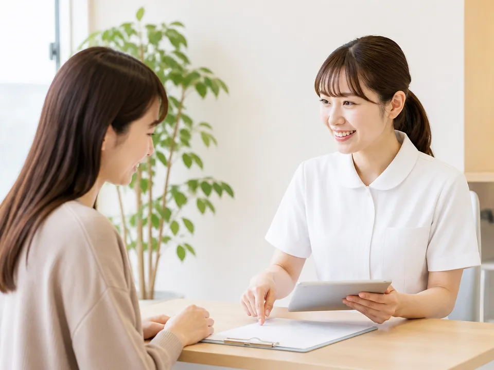 交通事故の慰謝料や保険会社対応について接骨院スタッフに相談する様子