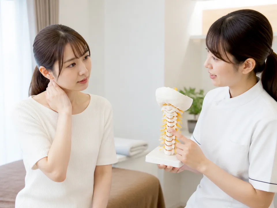 交通事故後のむちうち症状を説明するスタッフと首の痛みを訴える患者