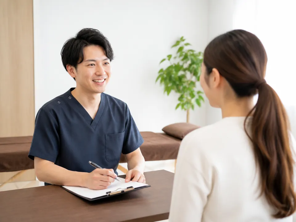 中村接骨院でカウンセリングを受ける患者と院長の様子