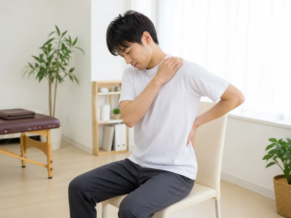 腰痛や肩こりに悩む人が椅子で肩を押さえている様子
