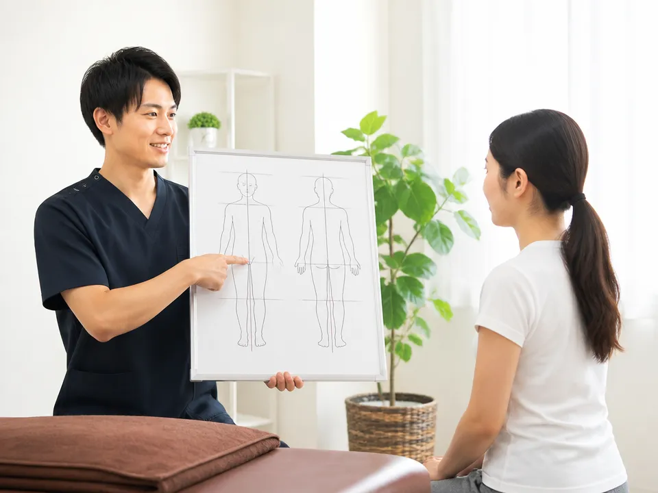 一時的なマッサージと根本原因の違いを説明する場面
