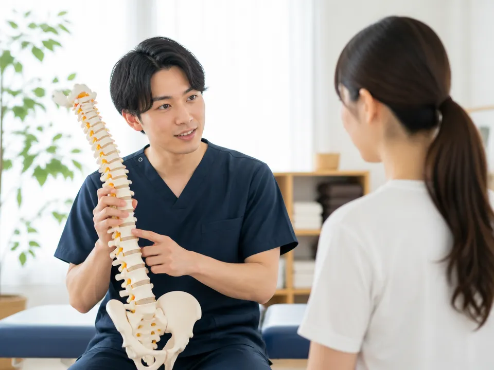 柔道整復師が骨格模型を使って腰痛の原因を説明する様子