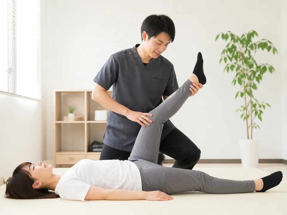 自宅でもできるストレッチを指導される患者の様子