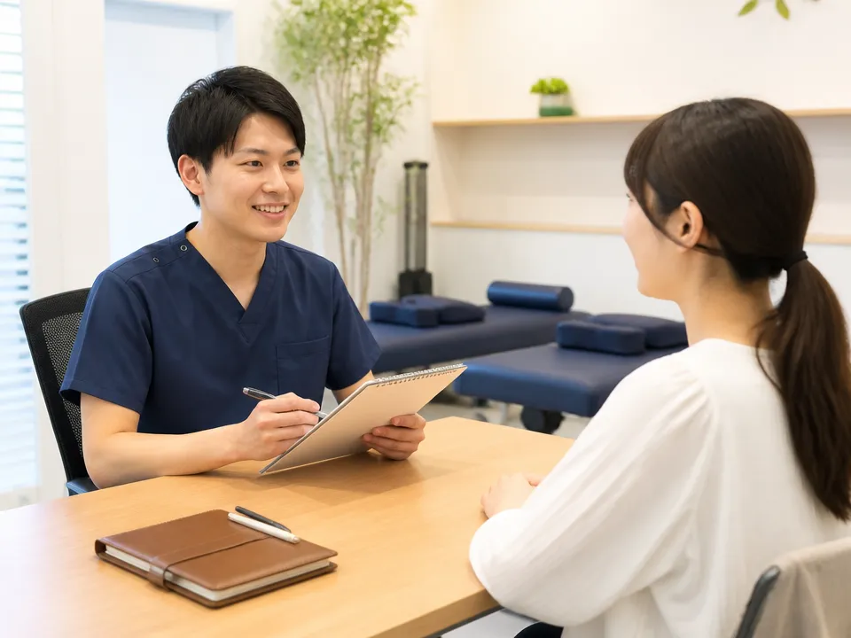 骨盤矯正の料金や回数などの質問に答える接骨院スタッフ
