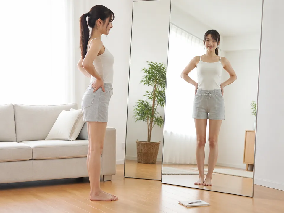 自宅で姿勢や骨盤のセルフチェックを行う女性