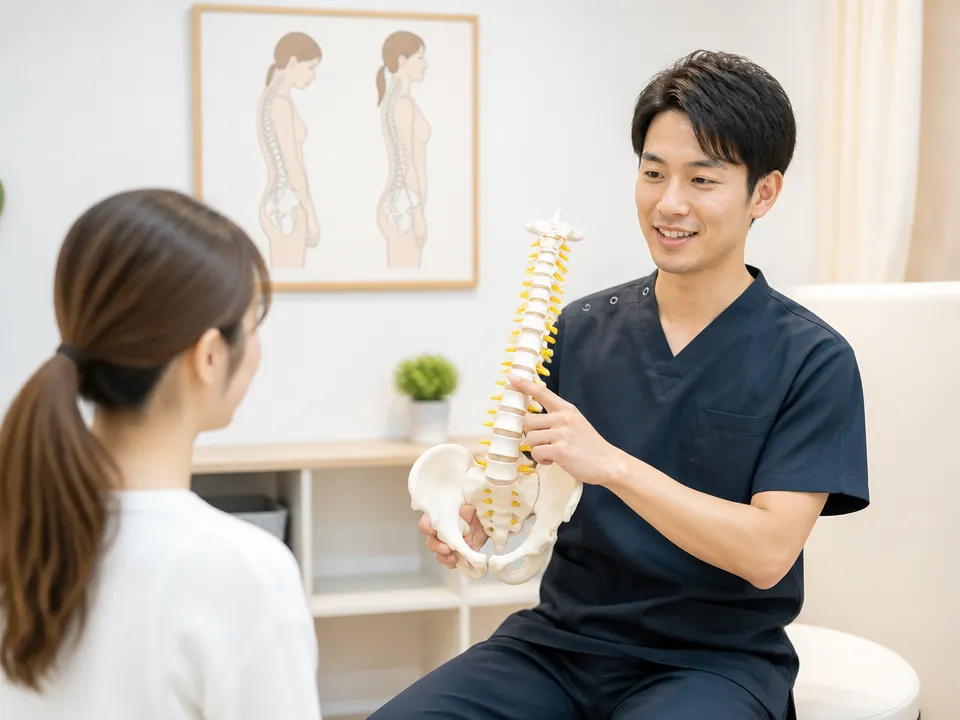 骨盤の傾きと姿勢の関係を模型で説明する様子