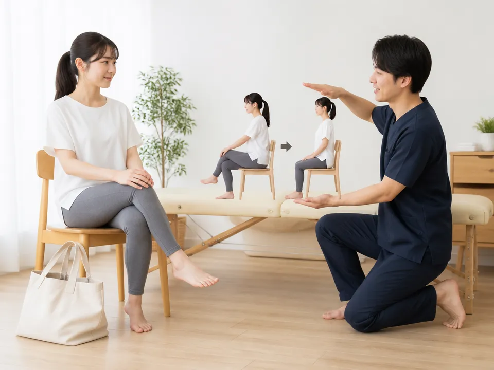 椅子の座り方や荷物の持ち方で骨盤への負担を説明する様子