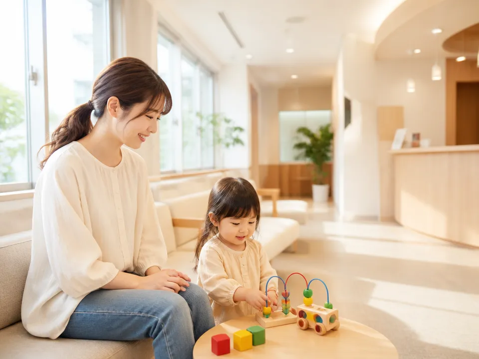 子ども連れで通院する親子と明るい接骨院の待合