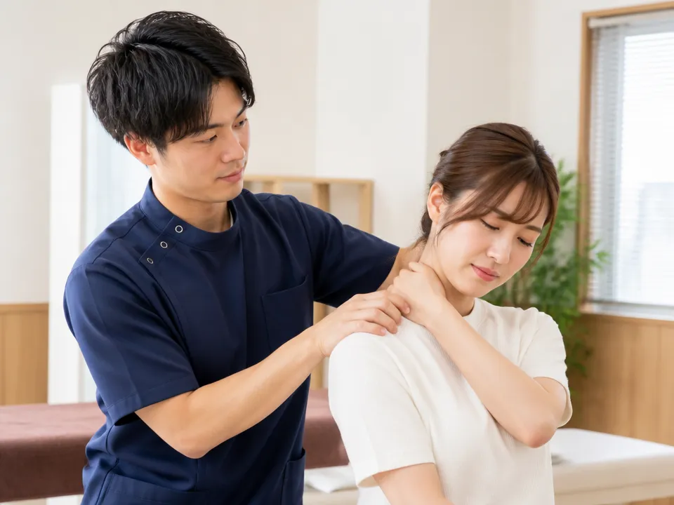交通事故後のむちうちで首や肩の痛みを訴える人と施術者