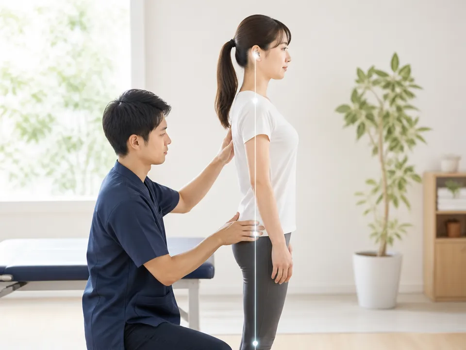 姿勢のゆがみを確認する施術者と患者の横向き姿勢