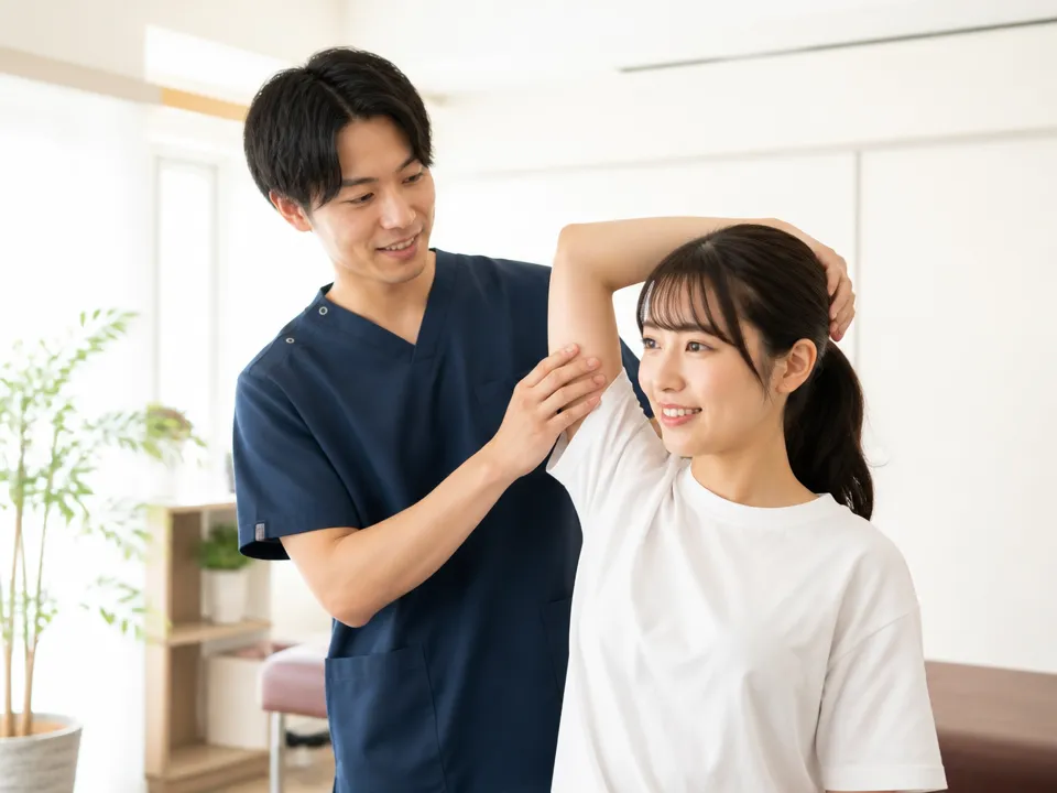 患者にストレッチ方法を指導する接骨院スタッフ