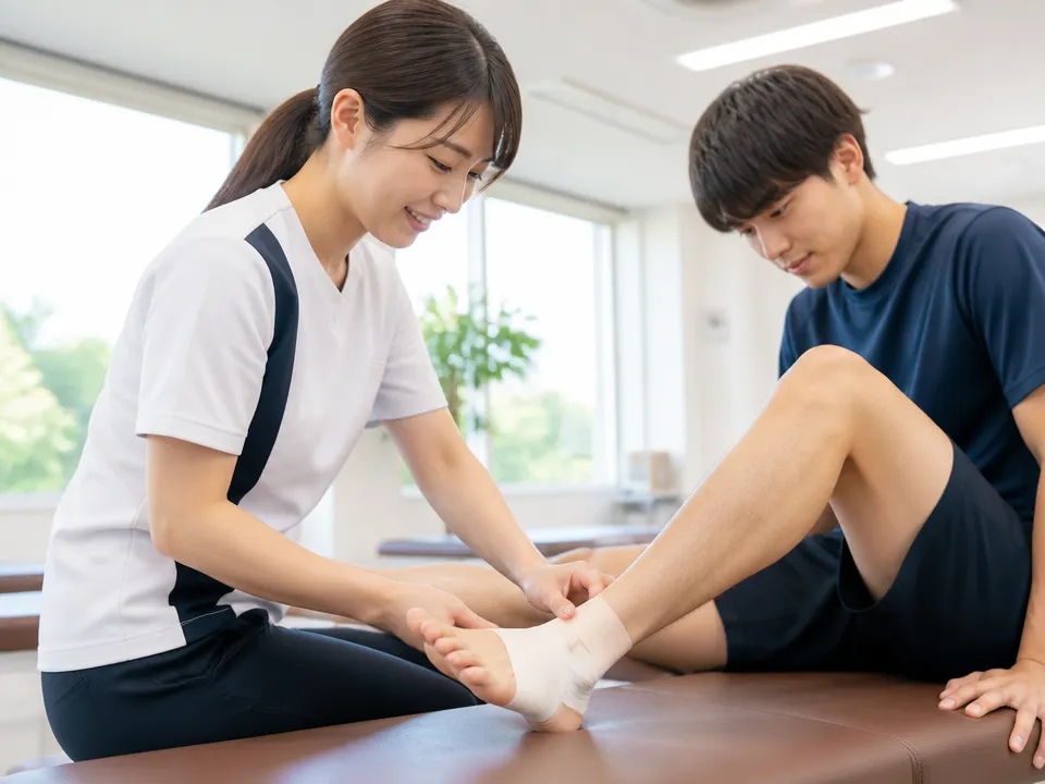 スポーツで足首を痛めた学生を施術する接骨院スタッフ