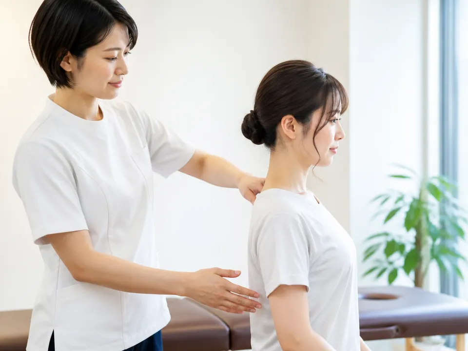 姿勢や体のバランスをチェックする接骨院スタッフ