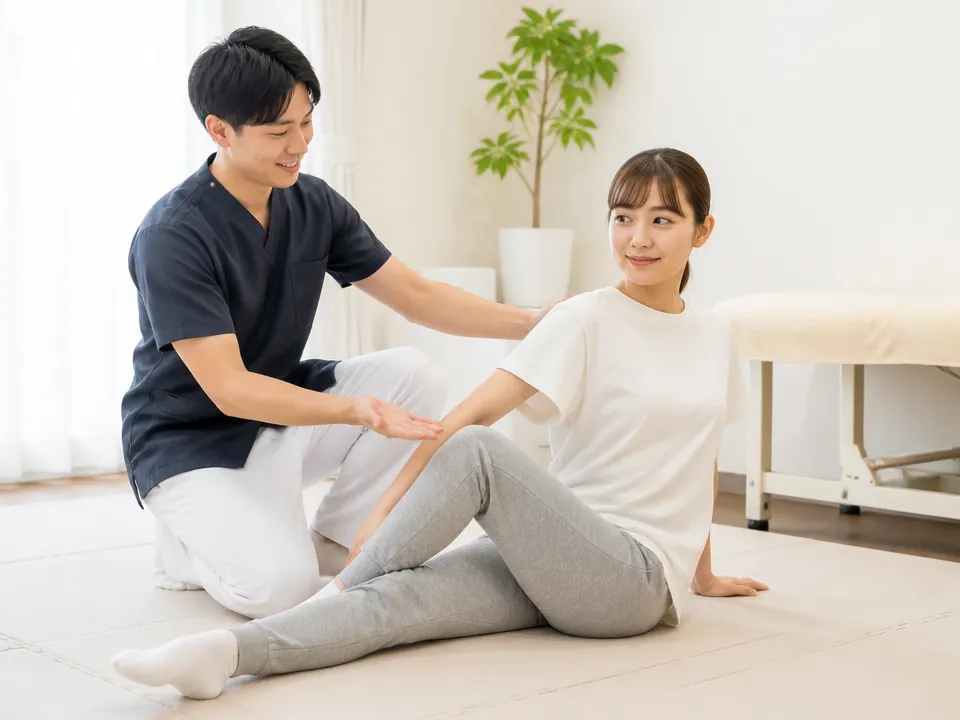接骨院でストレッチ指導を受ける患者と柔道整復師