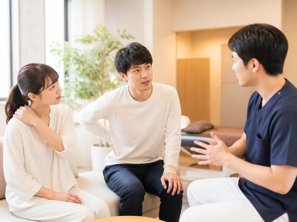 腰や肩の痛みを相談する患者と柔道整復師