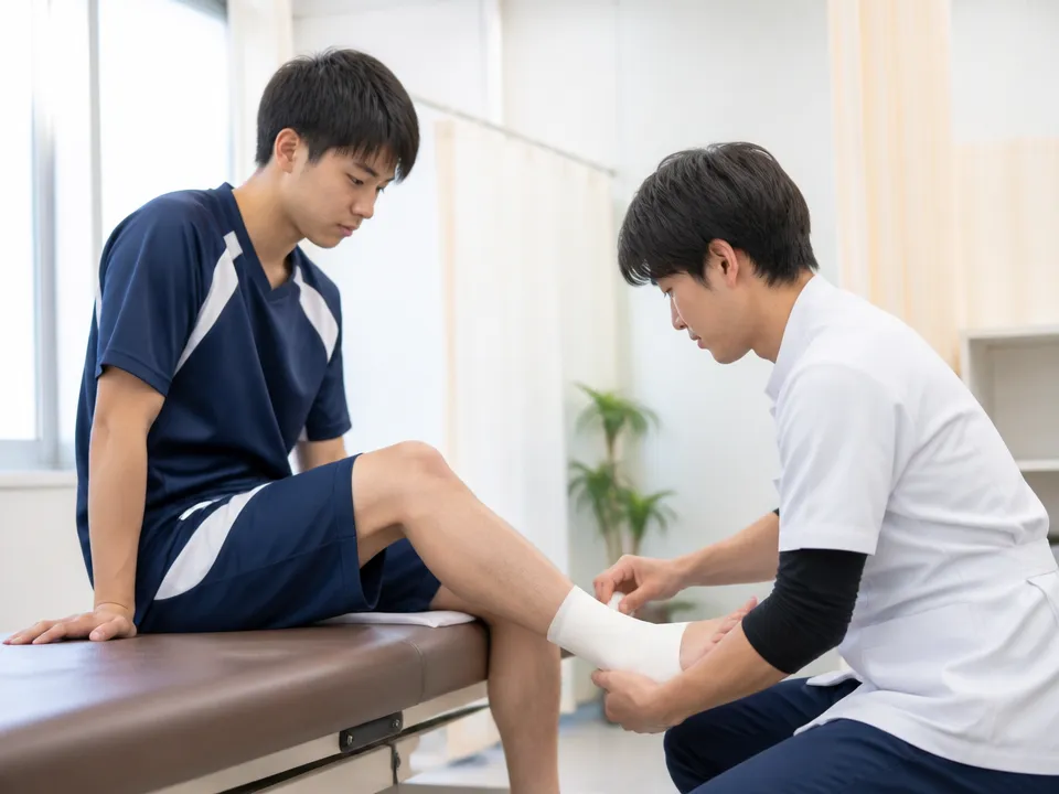 スポーツで足首を捻挫しテーピングを受ける様子