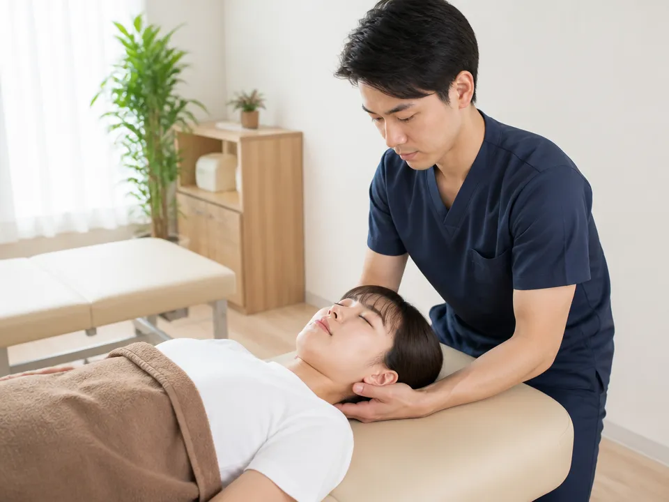 中村接骨院で首や肩まわりに痛くない整体施術を行う様子
