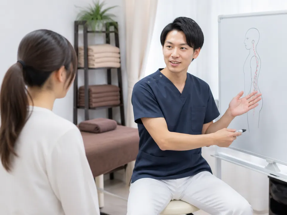 中村接骨院の院長がカウンセリングとストレッチ指導を行う様子