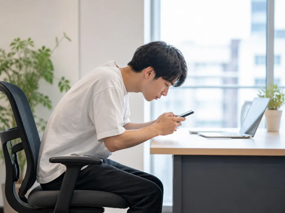 前かがみでスマホを見る人と猫背姿勢のイメージ