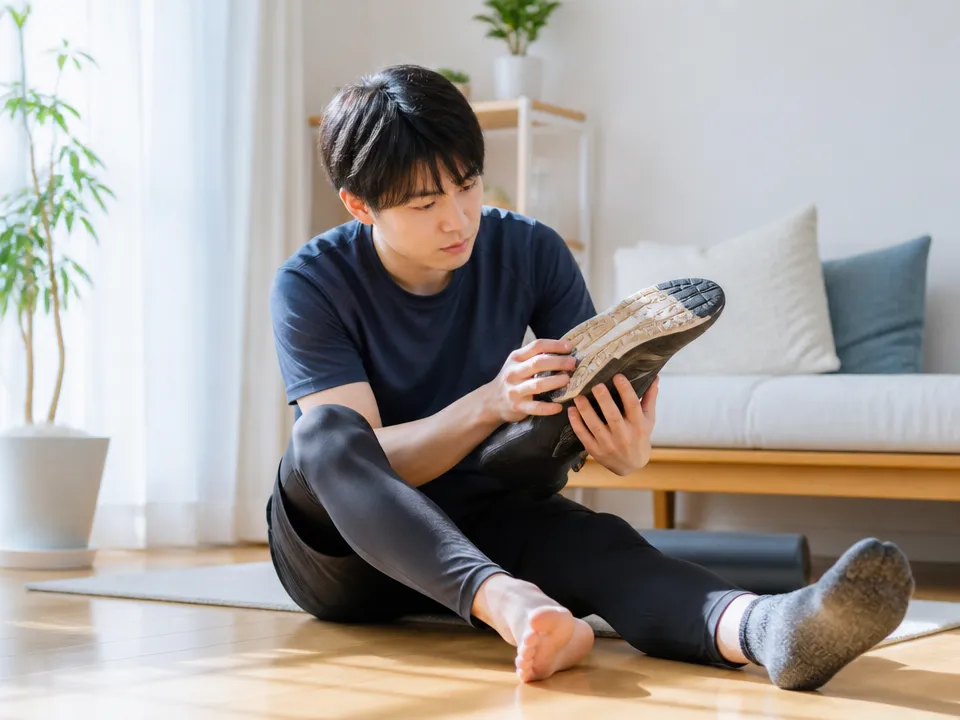 足裏の痛み予防としてストレッチと靴底チェックをしている様子
