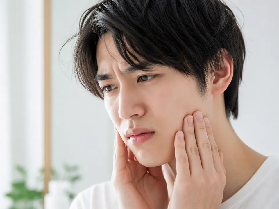 顎のマッサージを強く押しすぎてしまい表情がこわばる人のイメージ