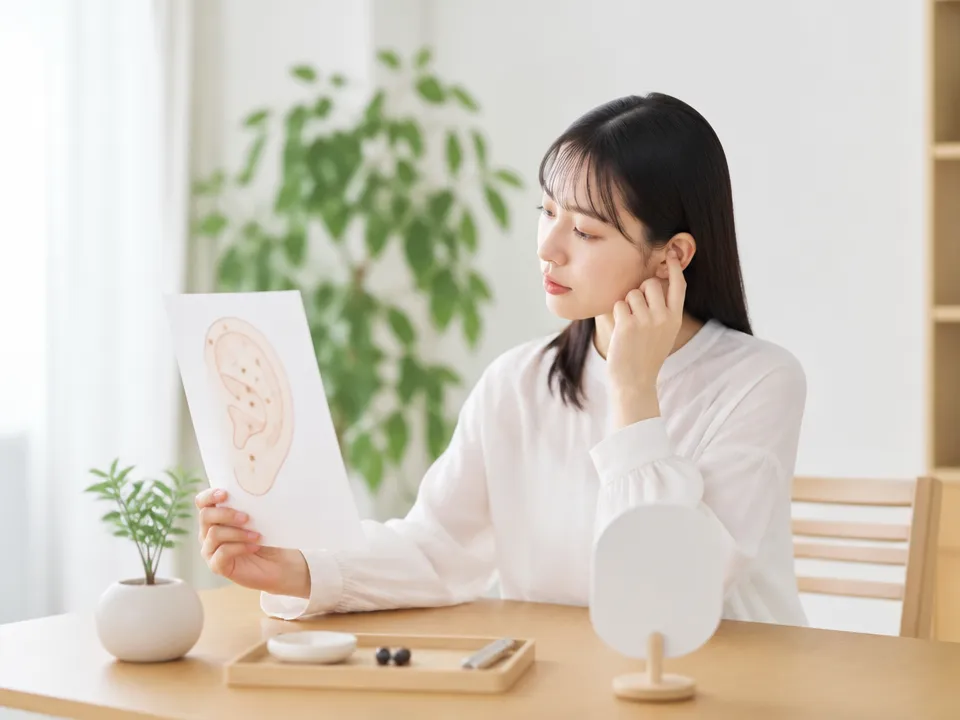 耳つぼの位置を図と自分の耳で確認している様子