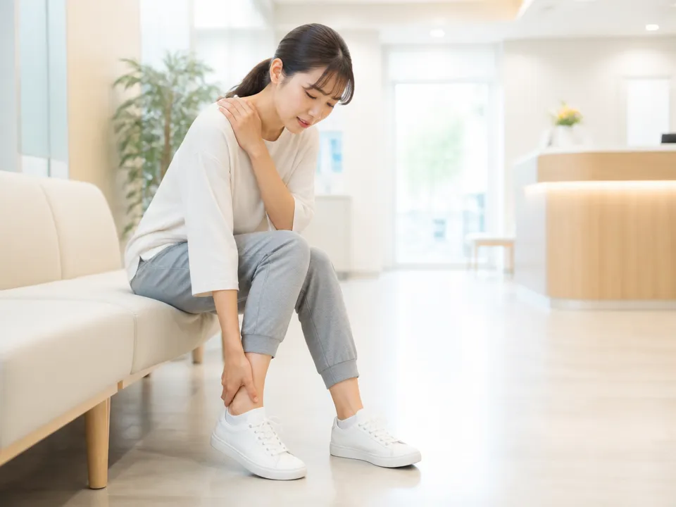 急な捻挫と慢性的な肩こりの違いをイメージする人