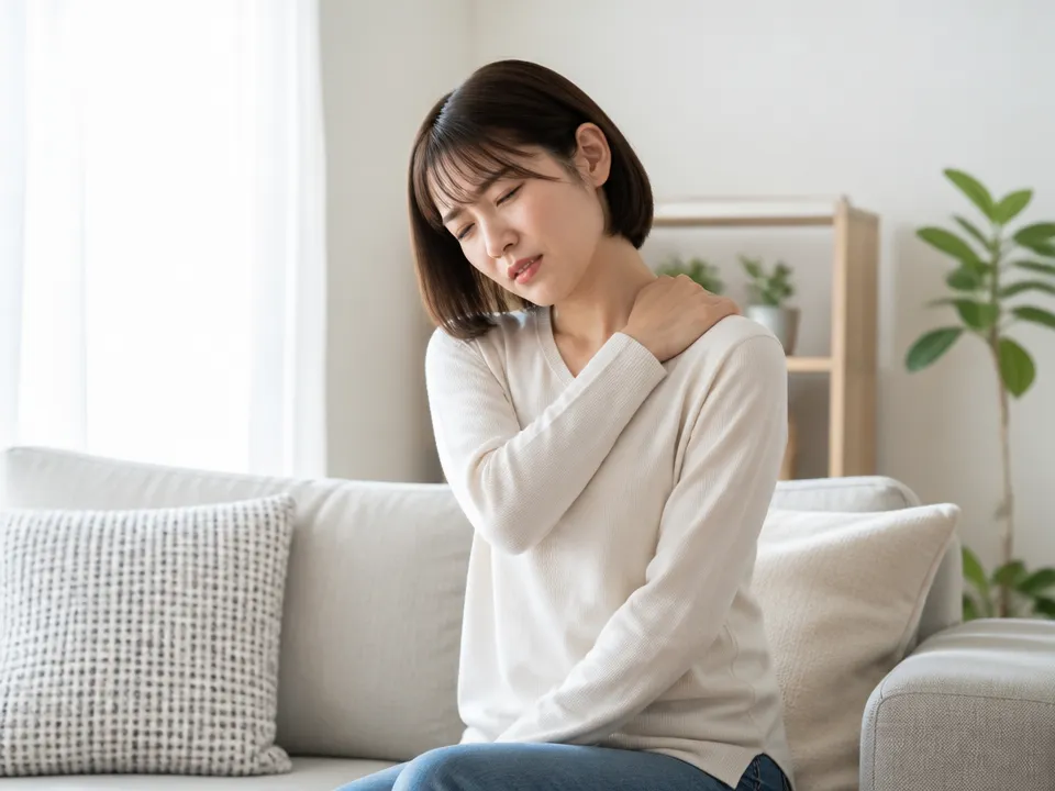 慢性的な肩こりや腰痛で悩む人がソファで肩を押さえている
