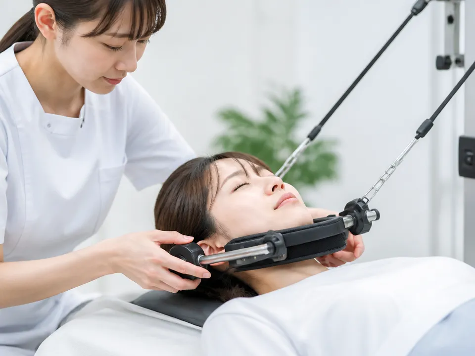 首の牽引療法が頚椎や椎間板に働きかける様子の説明イメージ
