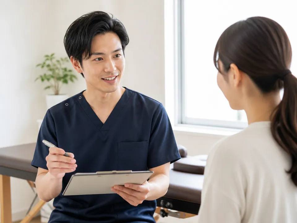 通院の目的や頻度を見直すポイントを説明する整骨院スタッフ