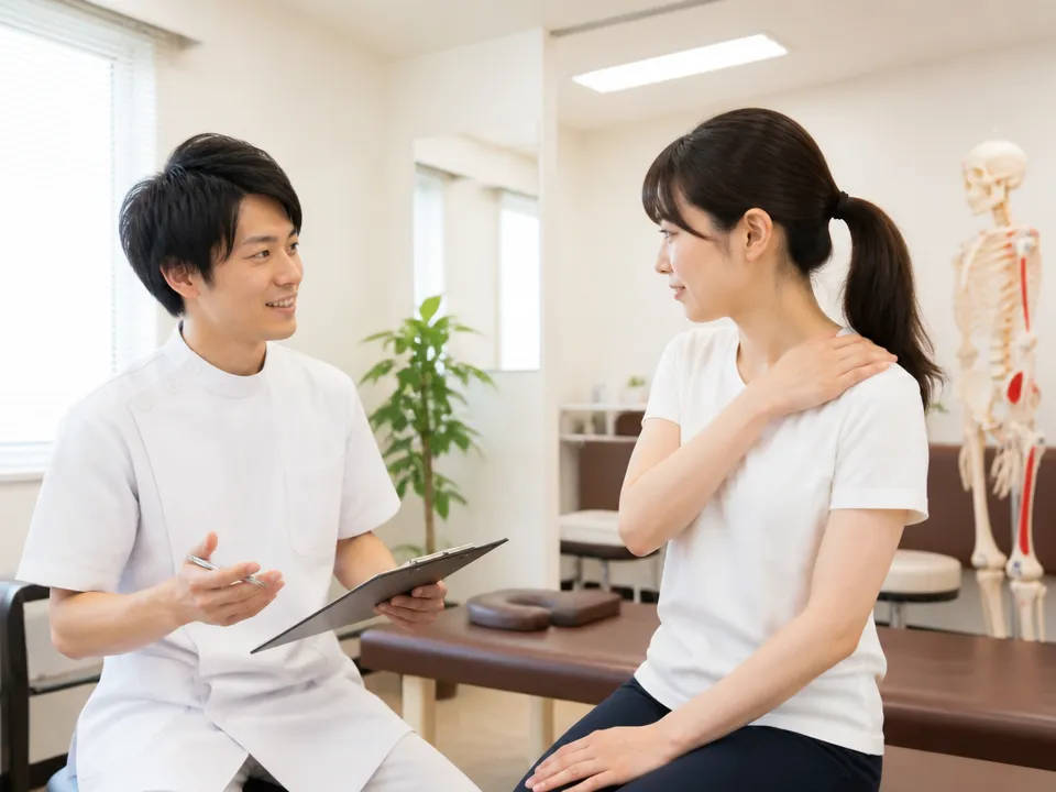 足立区保木間の接骨院で肩の相談をする様子