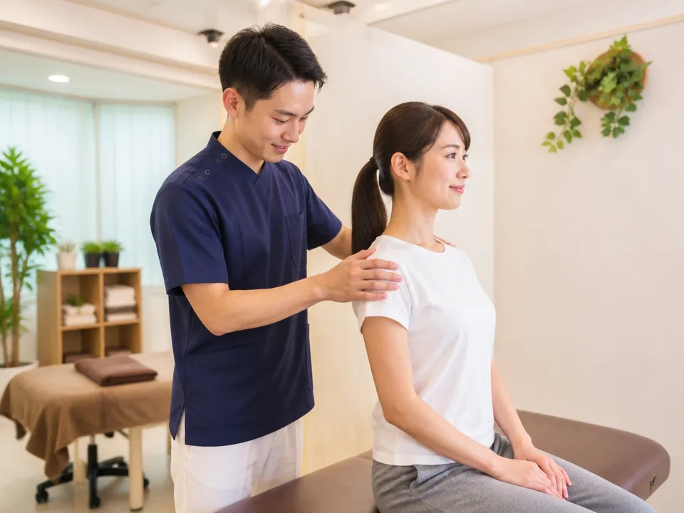 中村接骨院で巻き肩や肩こりの相談をする様子