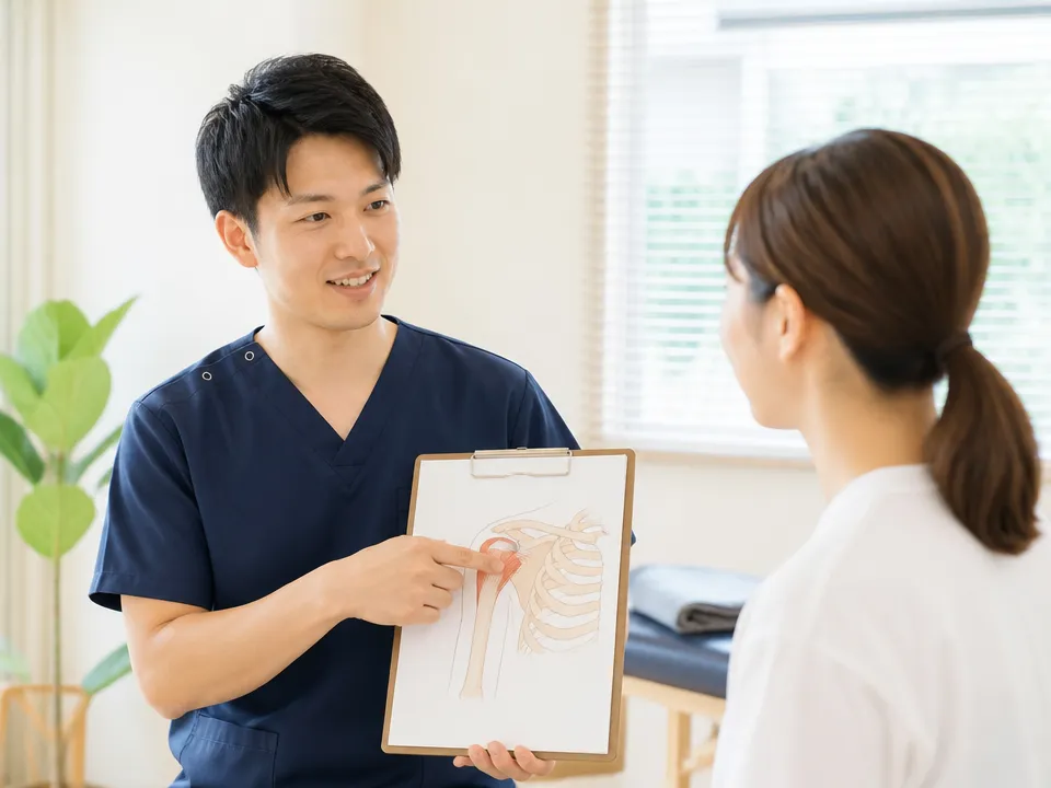 整体と整骨院で肩へのアプローチを説明するシーン