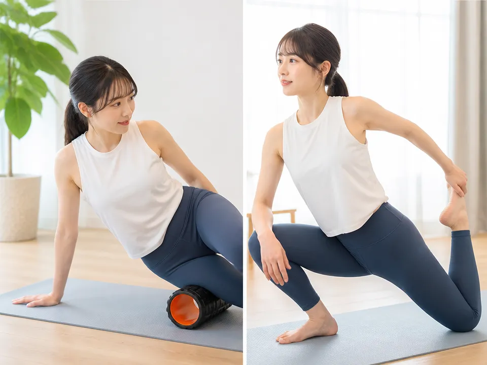 太ももの外側で筋膜リリースとストレッチを使い分けるイメージ