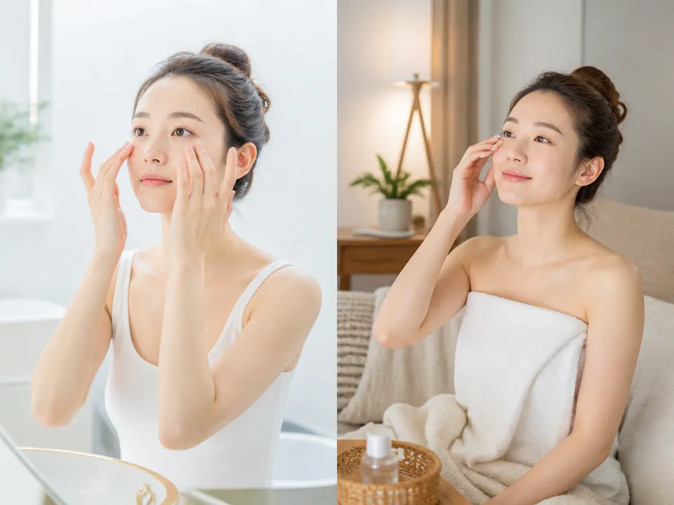 朝と夜のタイミングを変えて目元ケアをする女性