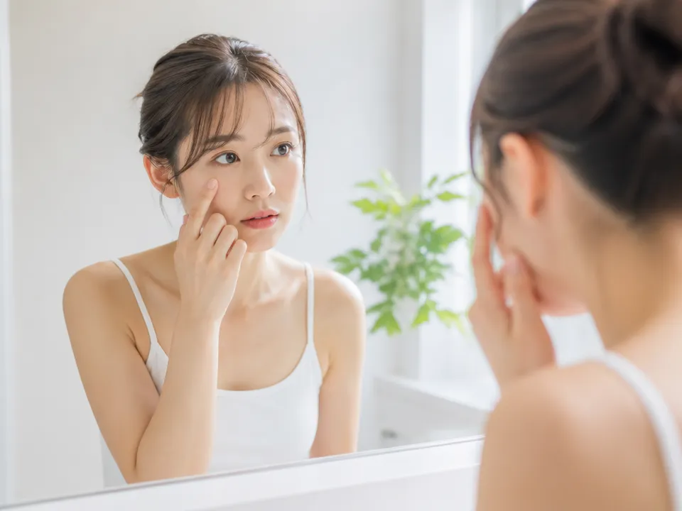 目元マッサージをするか迷っている女性の表情