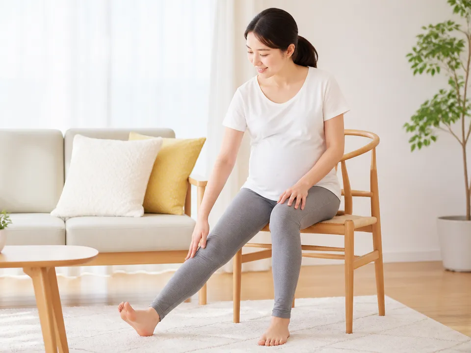 妊婦が自宅でイスに座りストレッチする様子