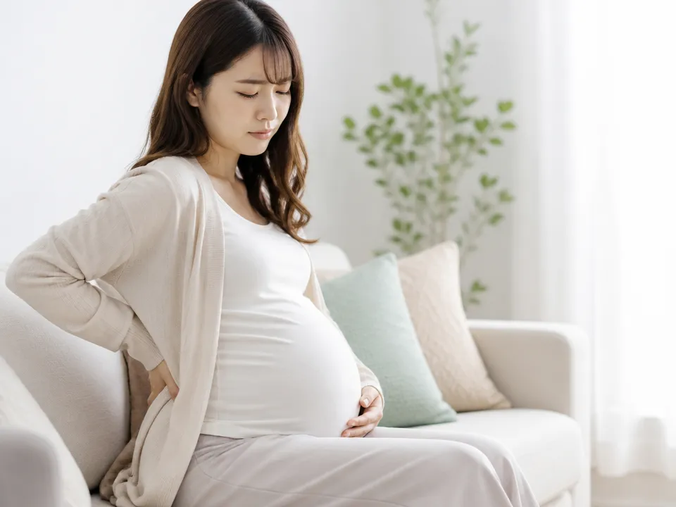 妊娠中に腰痛でソファに座り悩む女性