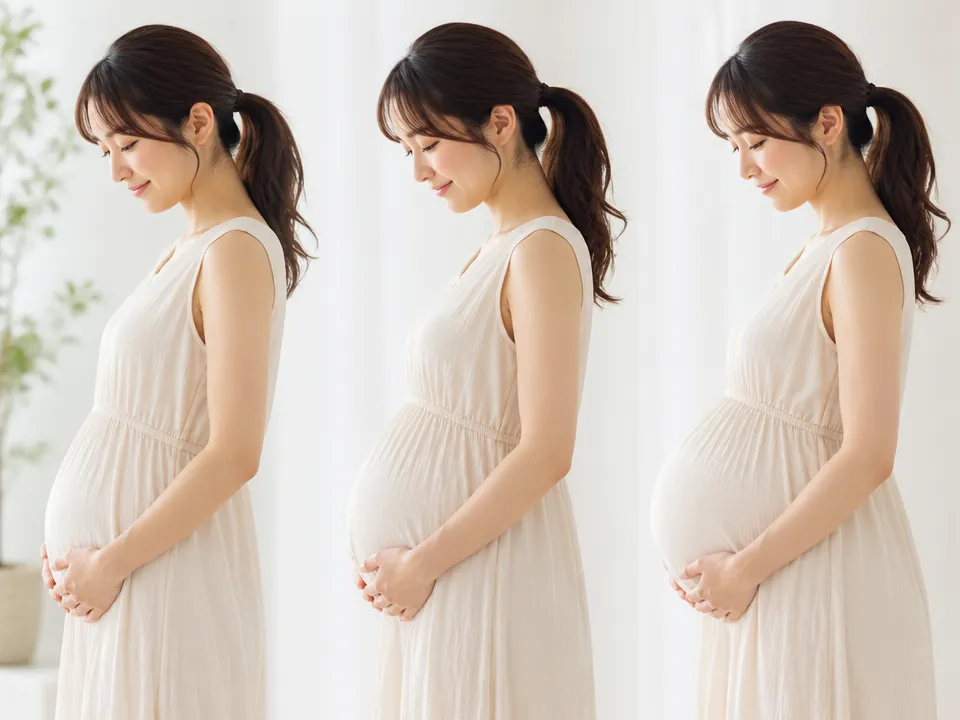 妊娠初期から後期までのお腹の変化をイメージした図
