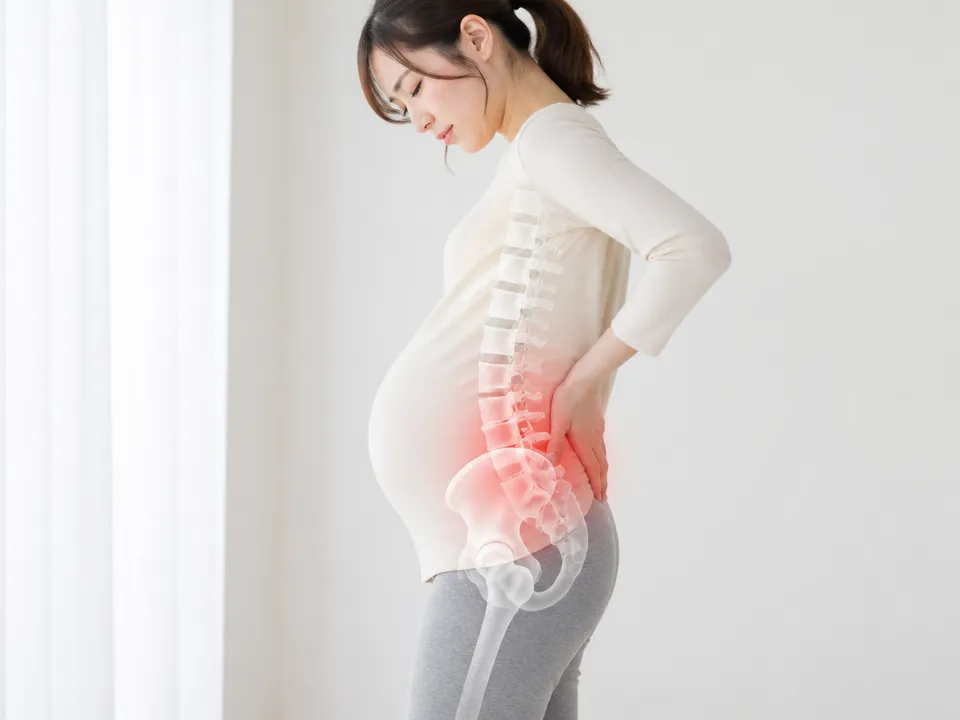 妊娠中の女性の骨盤と腰に負担がかかるイメージ図