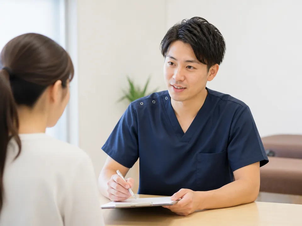 中村接骨院で首や肩まわりの状態を丁寧にカウンセリングしている様子