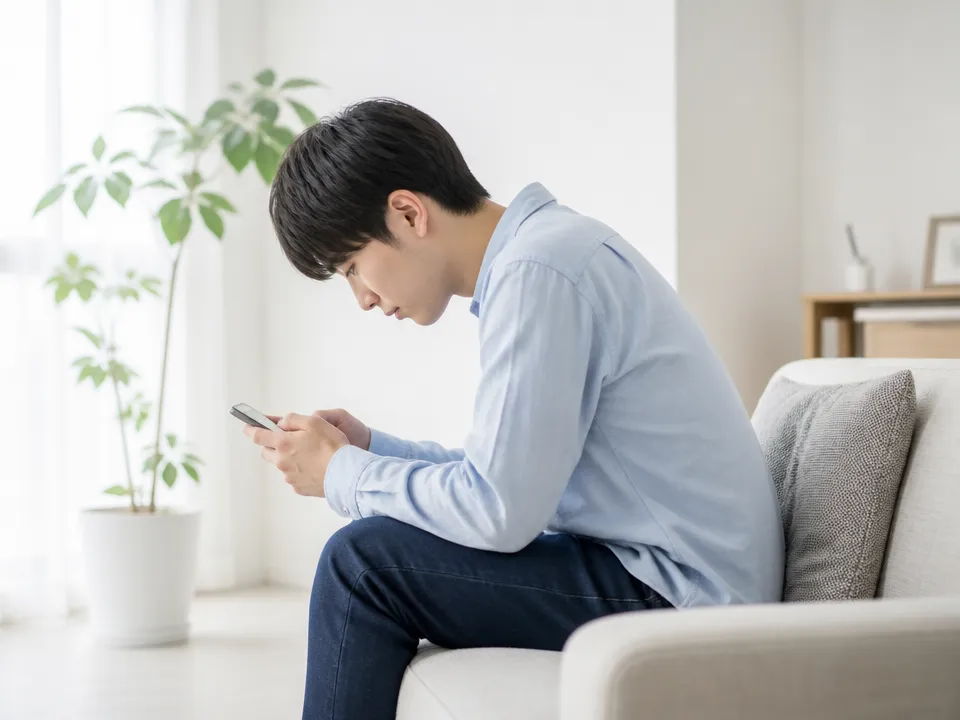 スマホ首の姿勢で首や肩に負担がかかっている様子