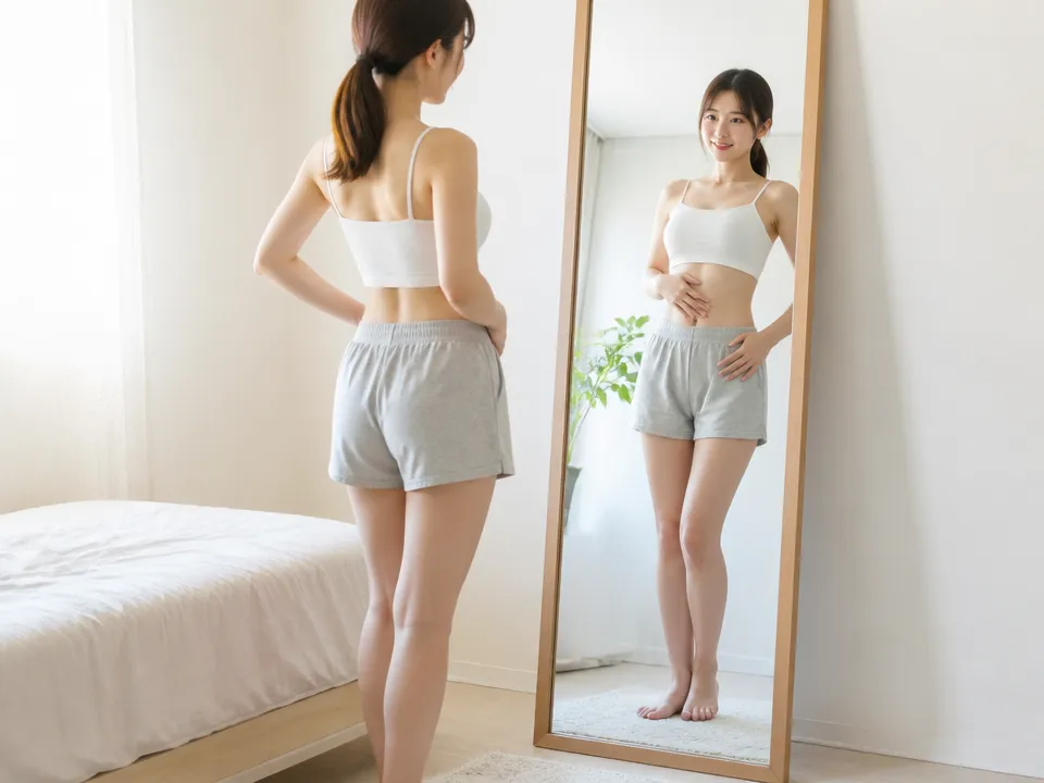 姿勢やお腹の見え方の変化を鏡で確認する女性