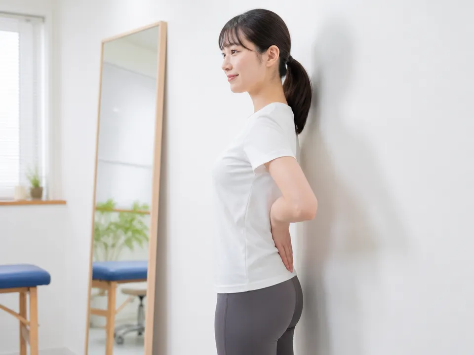 壁を使って骨盤の前傾・後傾と左右差をセルフチェックする様子