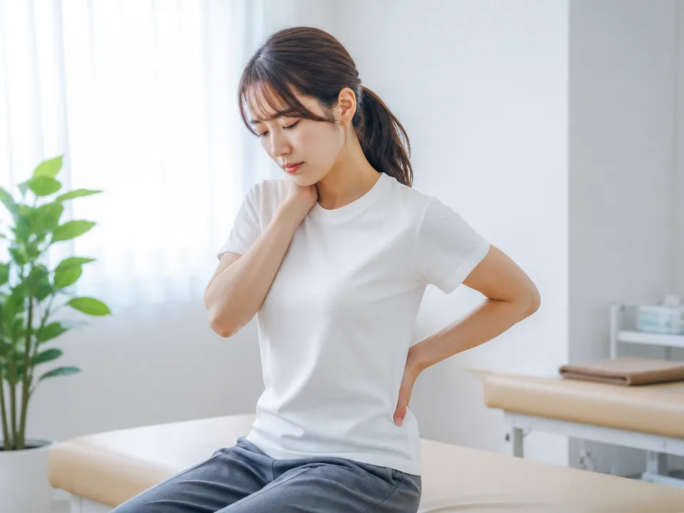 肩こりや腰痛の程度と動きを確認している日本人の様子