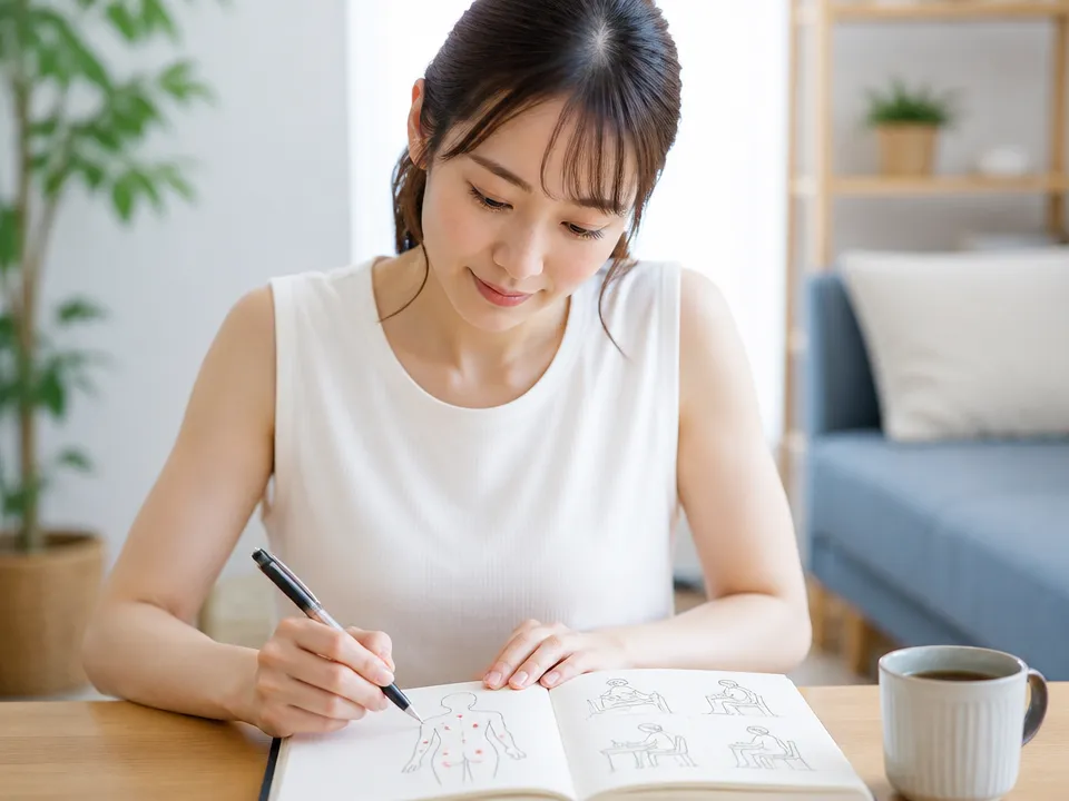 接骨院で相談する前に症状や生活背景をメモしている日本人の様子