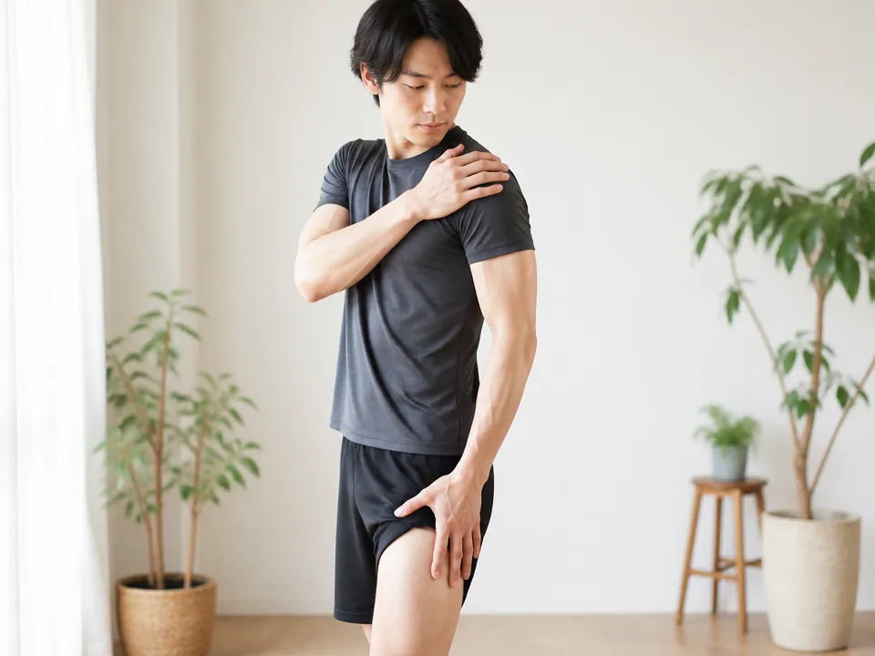 筋膜と筋肉の位置関係をイメージしながら身体の動きを確認する様子
