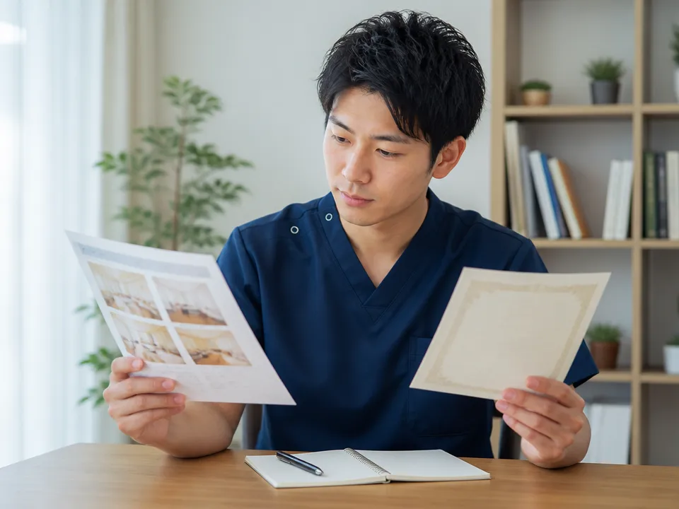 柔道整復師や鍼灸師として自分の経験を活かせる接骨院求人を検討している様子