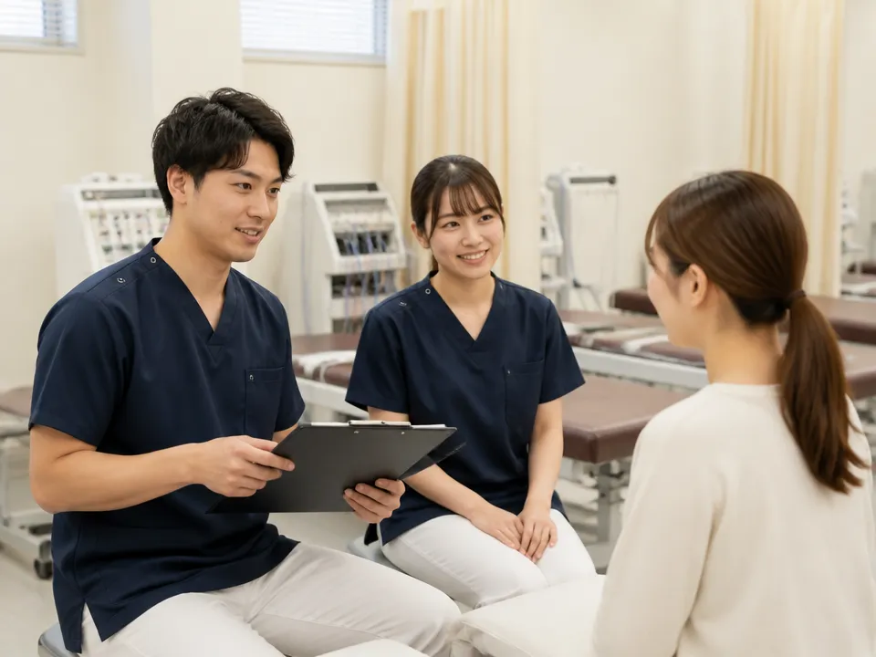 柔道整復師や鍼灸師が患者の状態を確認しながら施術計画を説明している様子