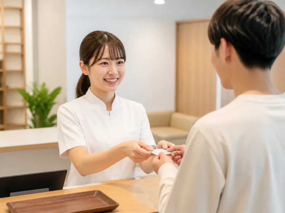接骨院の受付スタッフが笑顔で患者を案内し予約や会計を行っている様子